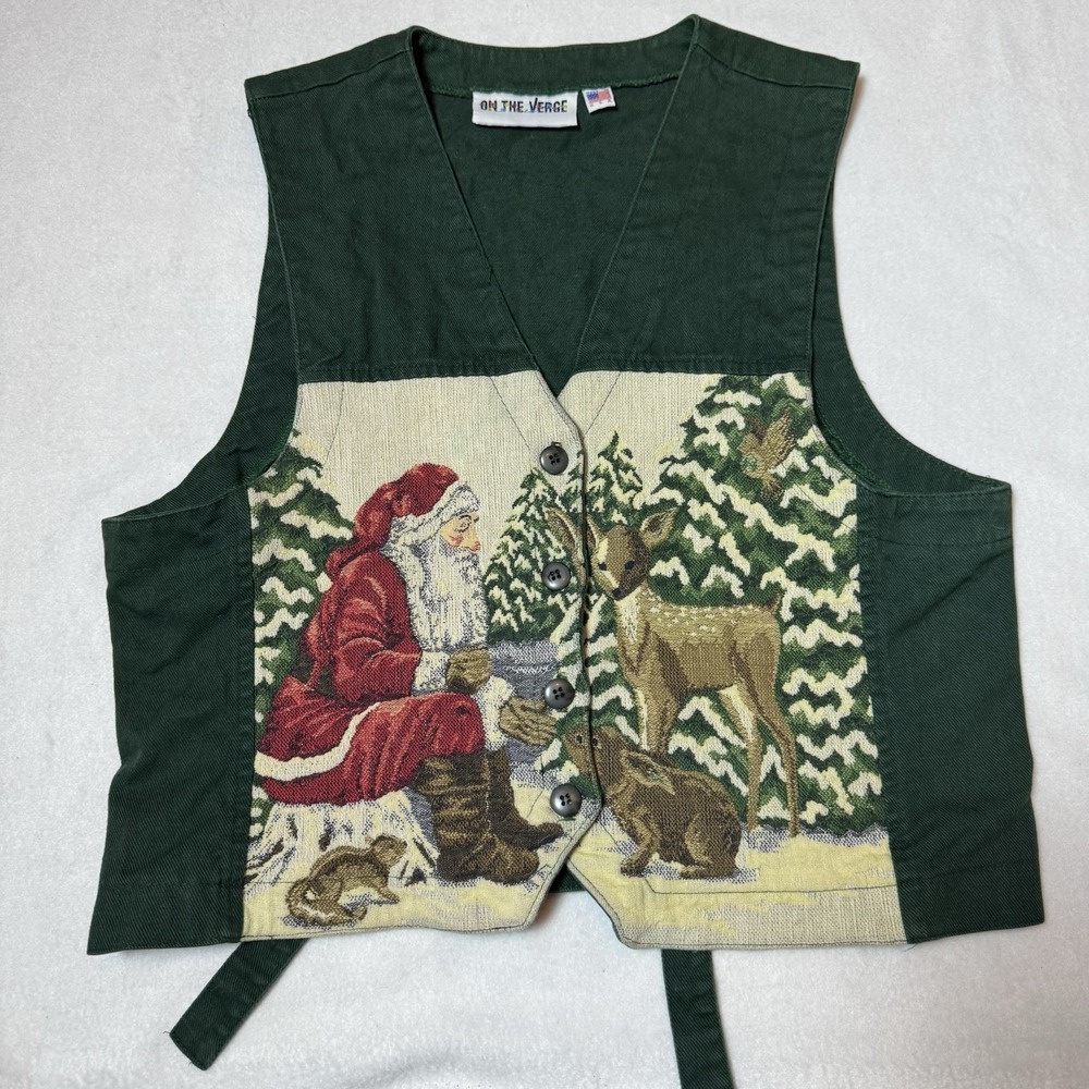 Vintage Santa And Deer Vest On The Verge Button Front Green Folk Christmas‎